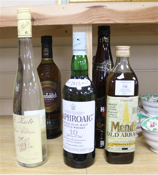 Six bottles: Pussers Rum 54.5%, Havana Club Anejo 7 yo, Poire Williams, Glenfiddich 15 Sloera Reserva, Laphroaig 10yo, Mendis Old Arra